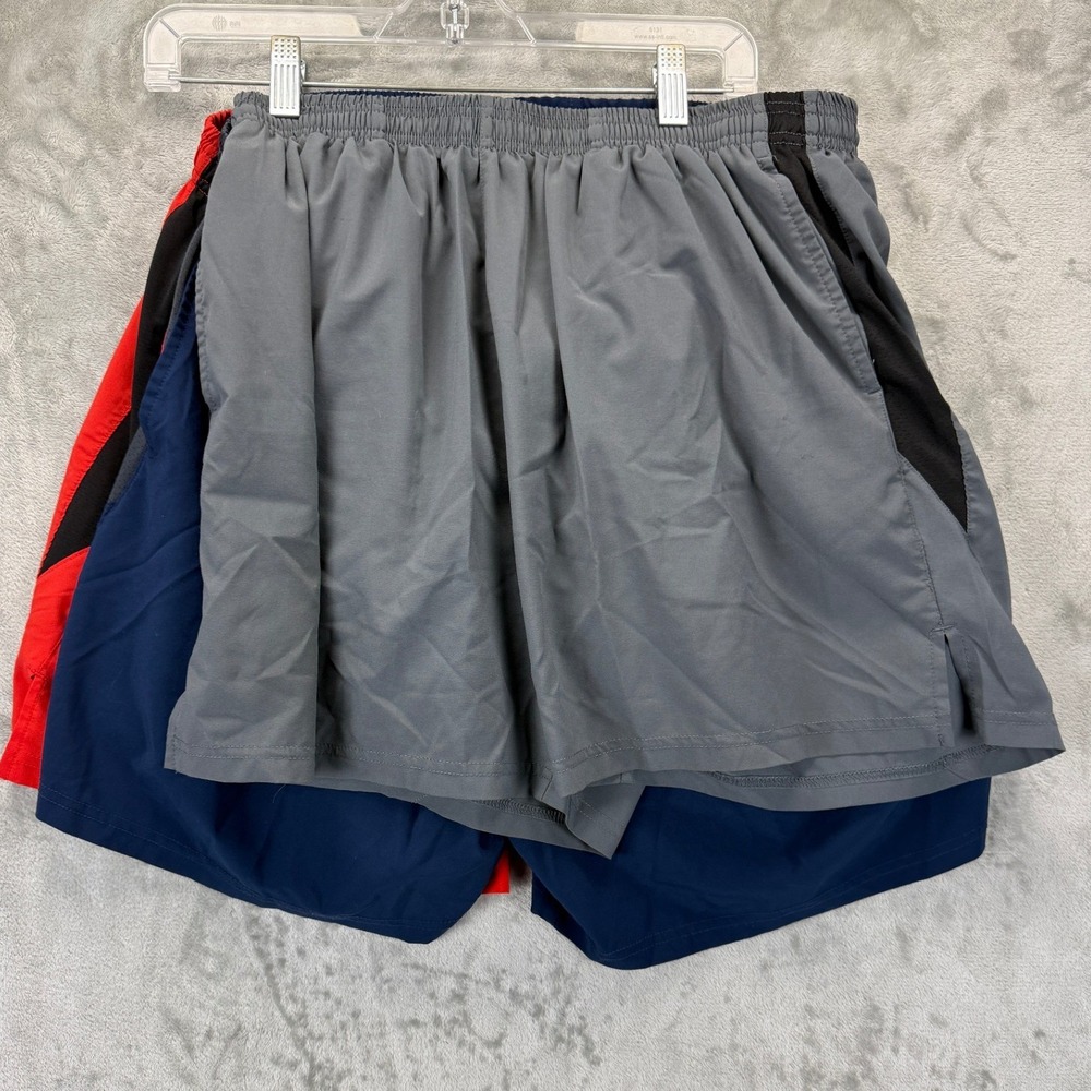 TSLA Mens 3 Pack Athletic Running Shorts Large Red Navy Grey Zipper Pocket Mesh